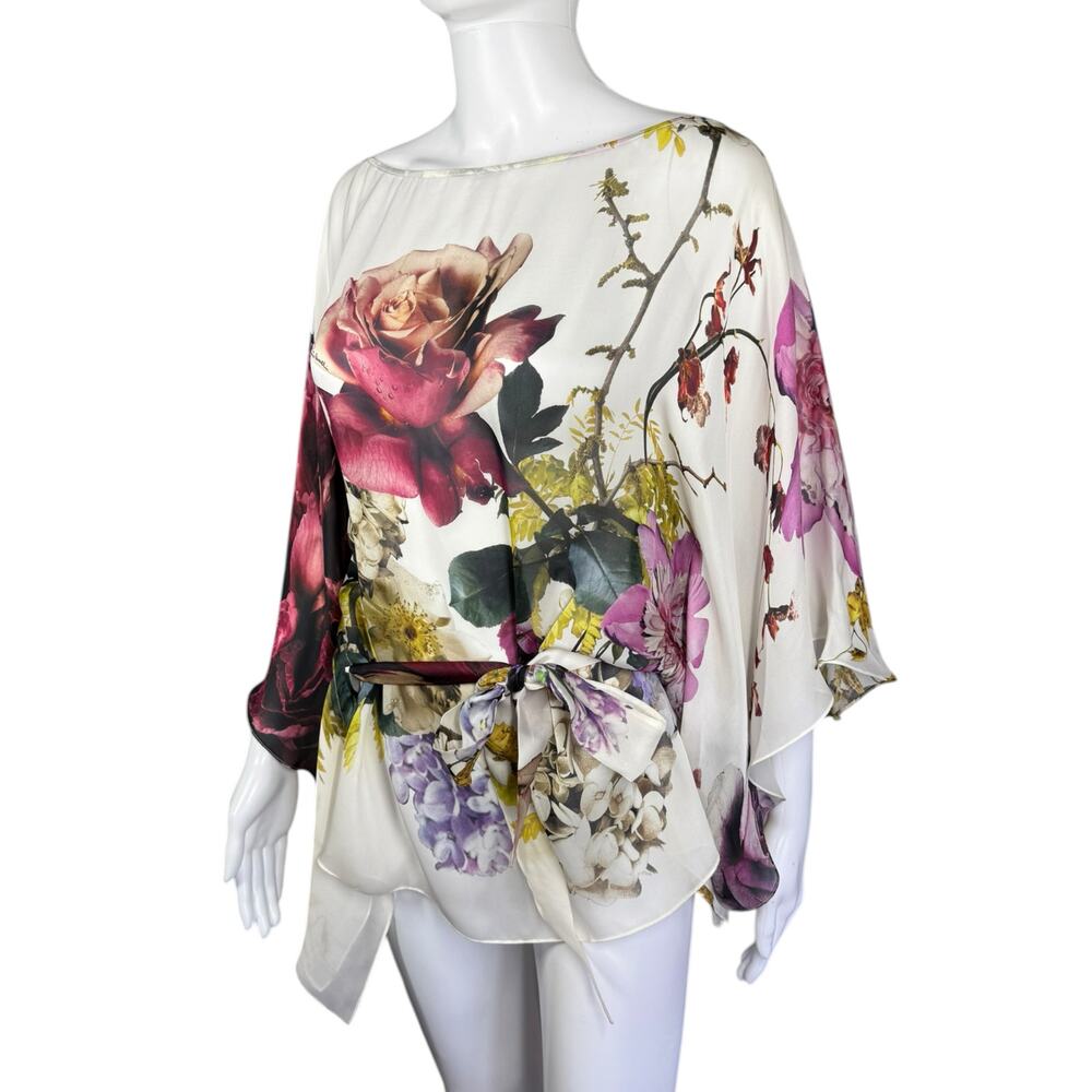 Roberto Cavalli 100% Silk Belted Kaftan Vibrant Floral Painting Blouse Small